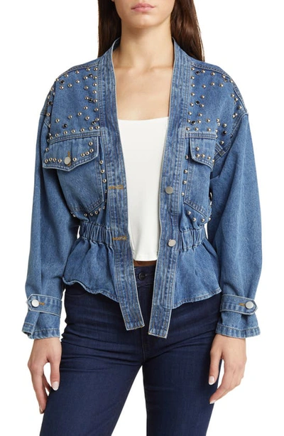 Nikki Lund Alina Stud Peplum Denim Jacket In Blue