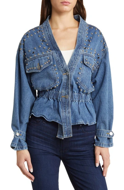 Nikki Lund Alina Stud Peplum Denim Jacket In Blue