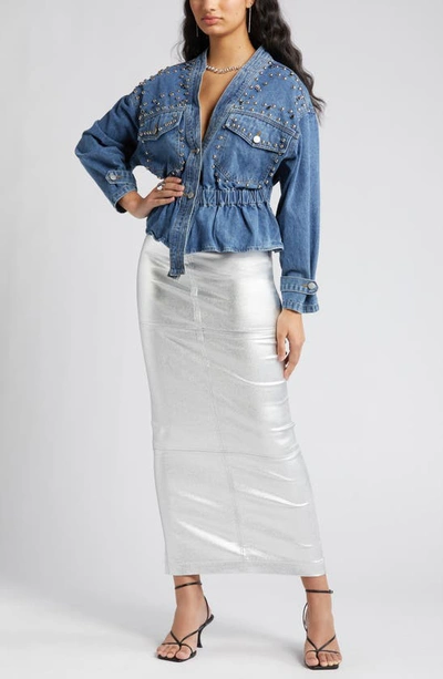 Nikki Lund Alina Stud Peplum Denim Jacket In Blue