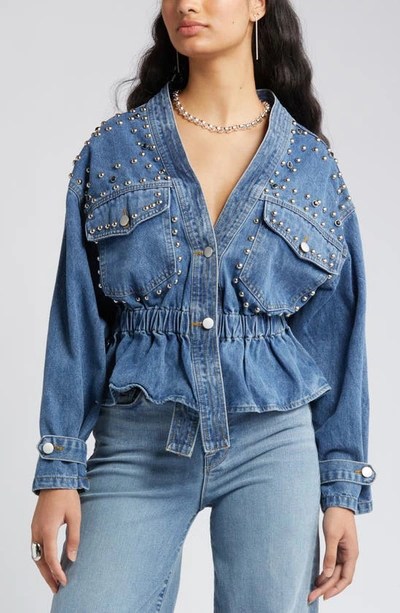 Nikki Lund Alina Stud Peplum Denim Jacket In Blue
