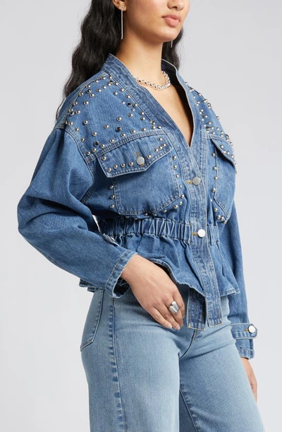 Nikki Lund Alina Stud Peplum Denim Jacket In Blue