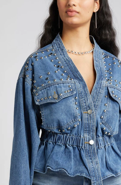 Nikki Lund Alina Stud Peplum Denim Jacket In Blue