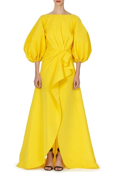 Shop Carolina Herrera Shirred Puff Sleeve Silk Sarong Gown In Taxi Cab