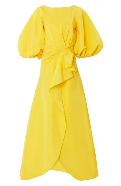 Shop Carolina Herrera Shirred Puff Sleeve Silk Sarong Gown In Taxi Cab
