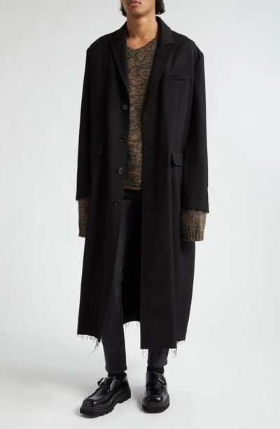 Shop Undercover Fray Hem Longline Wool Coat In Black
