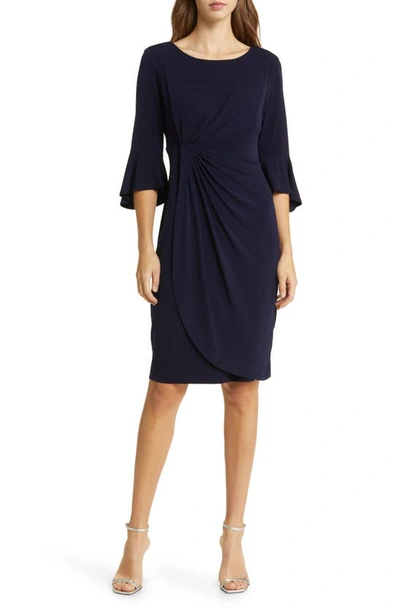 Shop Connected Apparel Ruched Bell Sleeve Faux Wrap Cocktail Dress In Navy