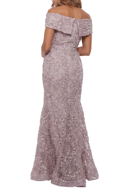 Shop Xscape Off The Shoulder Embroidered Gown In Taupe