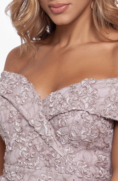 Shop Xscape Off The Shoulder Embroidered Gown In Taupe