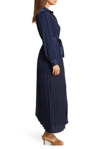 Shop Mila Mae Pleated Long Sleeve Dress In Navy