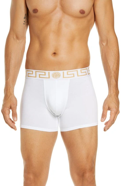 Shop Versace First Line Long Stretch Cotton Trunks In White/ Gold