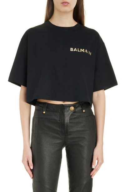 Shop Balmain Laminated Logo Crop T-shirt In Ead Black/ Gold