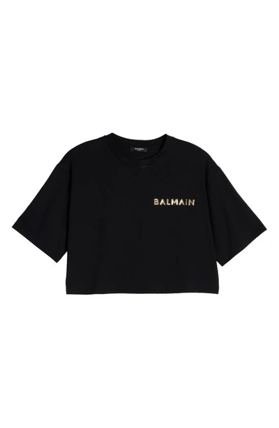 Shop Balmain Laminated Logo Crop T-shirt In Ead Black/ Gold