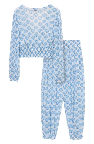 Shop Habitual Kids Kids' Long Sleeve Cover-up Top & Pants Set In Blue Print