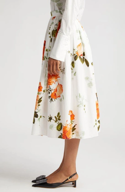Shop Erdem Floral Print Pleated Cotton Poplin A-line Midi Skirt In White