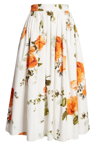 Shop Erdem Floral Print Pleated Cotton Poplin A-line Midi Skirt In White