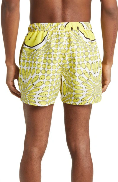 Shop Asos Design X Smiley Swim Trunks In Yellow Multi