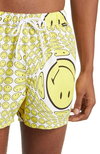 Shop Asos Design X Smiley Swim Trunks In Yellow Multi