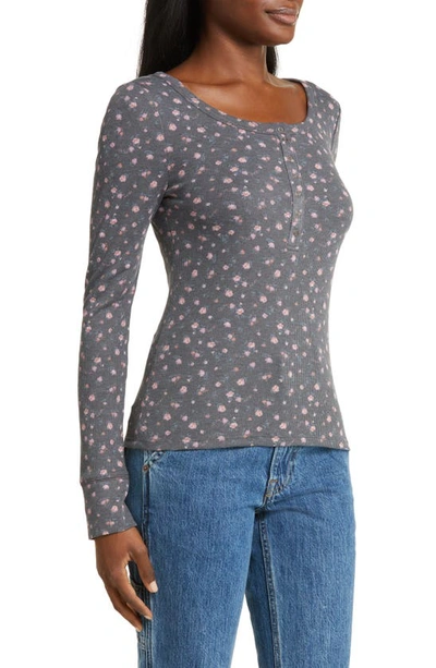 Shop Lucky Brand Long Sleeve Rib Henley Shirt In Black Floral Print