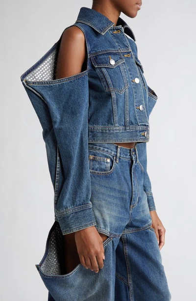 Shop Area Crystal Cutout Sleeve Denim Jacket In Vintage Indigo