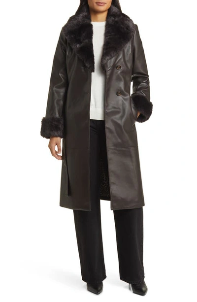 Shop Via Spiga Faux Leather & Faux Fur Coat In Espresso