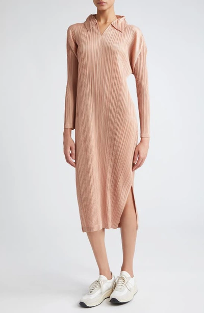 Shop Issey Miyake Monthly Colors October Long Sleeve Pleated Midi Dress In Beige