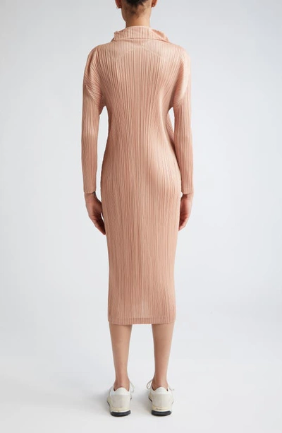Shop Issey Miyake Pleats Please  Monthly Colors October Long Sleeve Pleated Midi Dress In Beige
