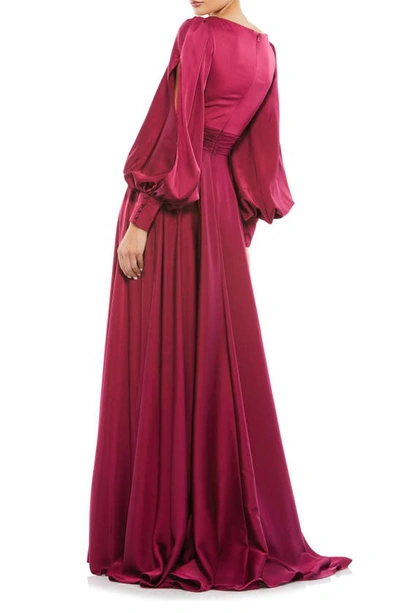 Shop Mac Duggal Split Long Sleeve Satin A-line Gown In Wine