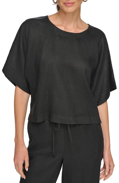 Shop Dkny Drop Shoulder Boxy Linen Top In Black