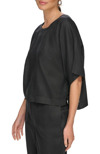 Dkny Linen Drop Shoulder Short Sleeve Top In Black