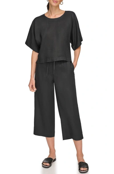 Dkny Linen Drop Shoulder Short Sleeve Top In Black