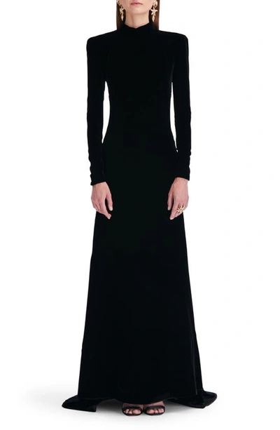 Shop Oscar De La Renta Open Back Long Sleeve Velvet Gown In Black