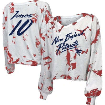 Shop Majestic Threads Mac Jones White New England Patriots Off-shoulder Tie-dye Name & Number Cropped Lon