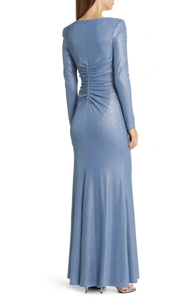 Shop Vince Camuto Ruched Metallic Side Drape Long Sleeve Gown In Blue