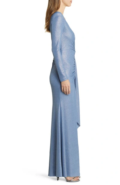 Shop Vince Camuto Ruched Metallic Side Drape Long Sleeve Gown In Blue