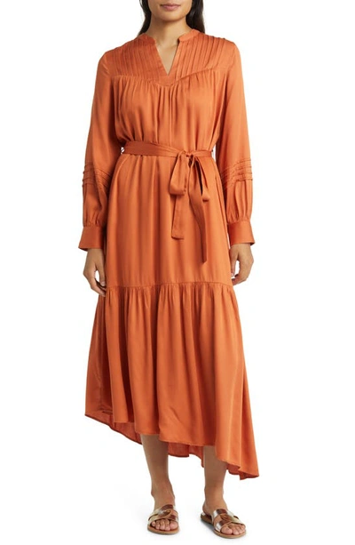 Shop Du Paradis Tie Waist Long Sleeve Asymmetric Maxi Dress In Rust