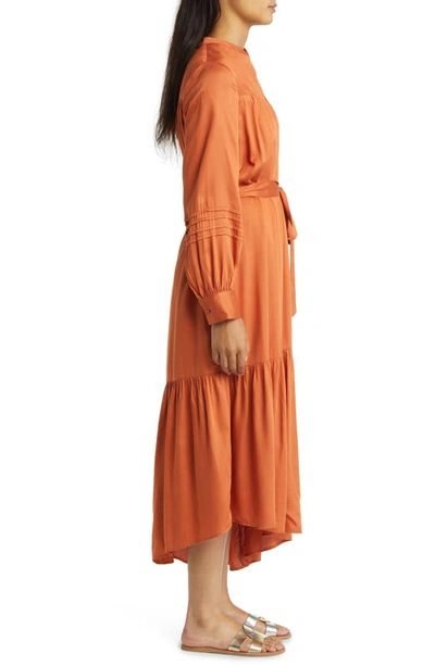 Shop Du Paradis Tie Waist Long Sleeve Asymmetric Maxi Dress In Rust