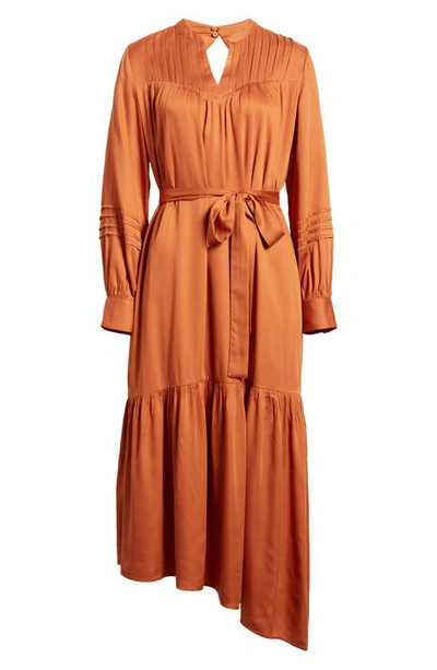 Shop Du Paradis Tie Waist Long Sleeve Asymmetric Maxi Dress In Rust