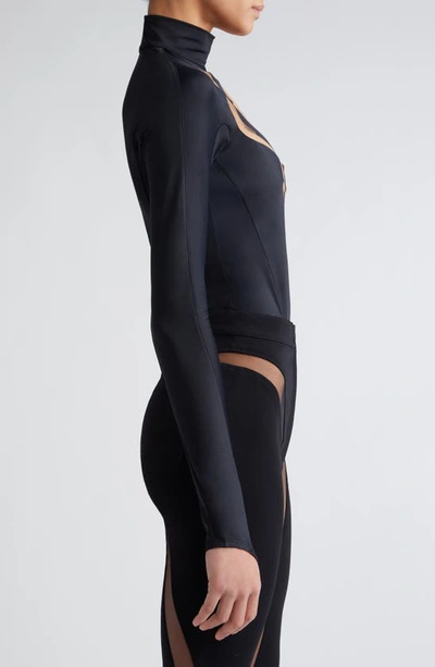 Shop Mugler Sheer Spiral Illusion Mesh Bodysuit In Black/ Light Beige