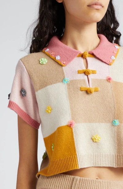 Shop Yanyan Floral Ribbon Checkerboard Crop Wool Sweater In Strawberry
