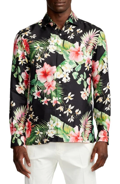 Shop Ralph Lauren Purple Label Tropical Floral Silk Button-up Shirt In Black