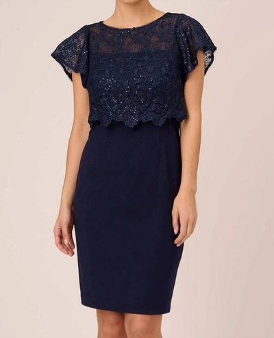 Shop Adrianna Papell Sequined Guipure Lace Popover Sheath Dress In Navy In Blue