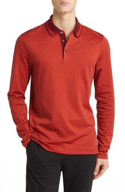 Shop Hugo Boss Pleins Tipped Long Sleeve Polo In Dark Red