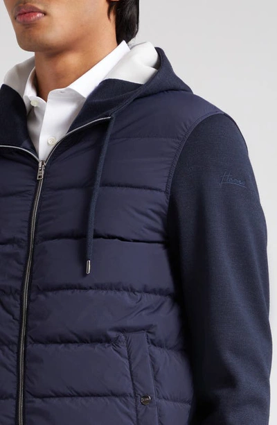 Shop Herno Mixed Media Quilted Hoodie In 9219 - Navy