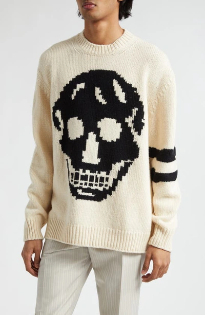 Shop Alexander Mcqueen Skull Intarsia Wool & Cashmere Crewneck Sweater In Cream/ Black