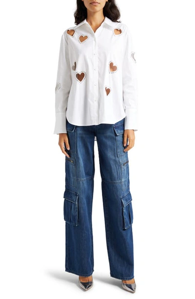 Shop Alice And Olivia Finely Crystal Heart Cutout Button-up Shirt In Off White