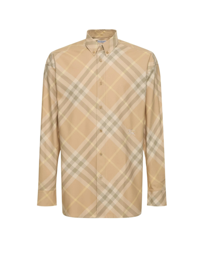 Burberry Men Beige Shirt With Button-down Collar And Check Motif In Cotton Man In Beige