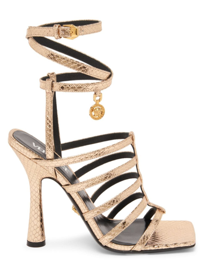 Shop Versace Women's T.110 110mm Leather Strappy Sandals In Champagne