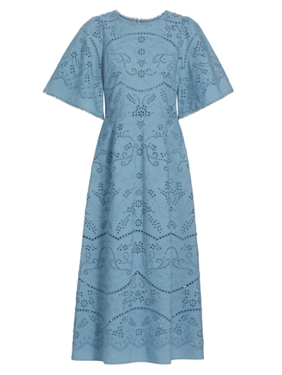 Shop Marchesa Rosa Women's  Dhalia Embroidered Cotton Midi-dress In Blue
