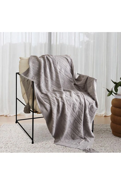 Shop Chic Kerri Cable Knit Fringe Throw Blanket In Grey
