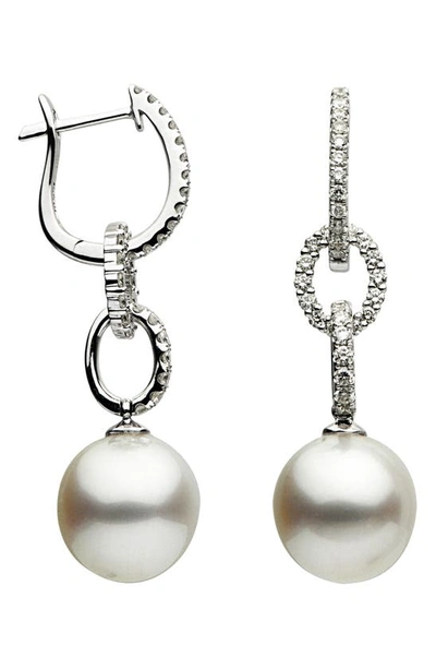 Shop House Of Frosted Freshwater Pearl & Diamond Hoop Earrings In Silver/ White Pearl/ Octavia